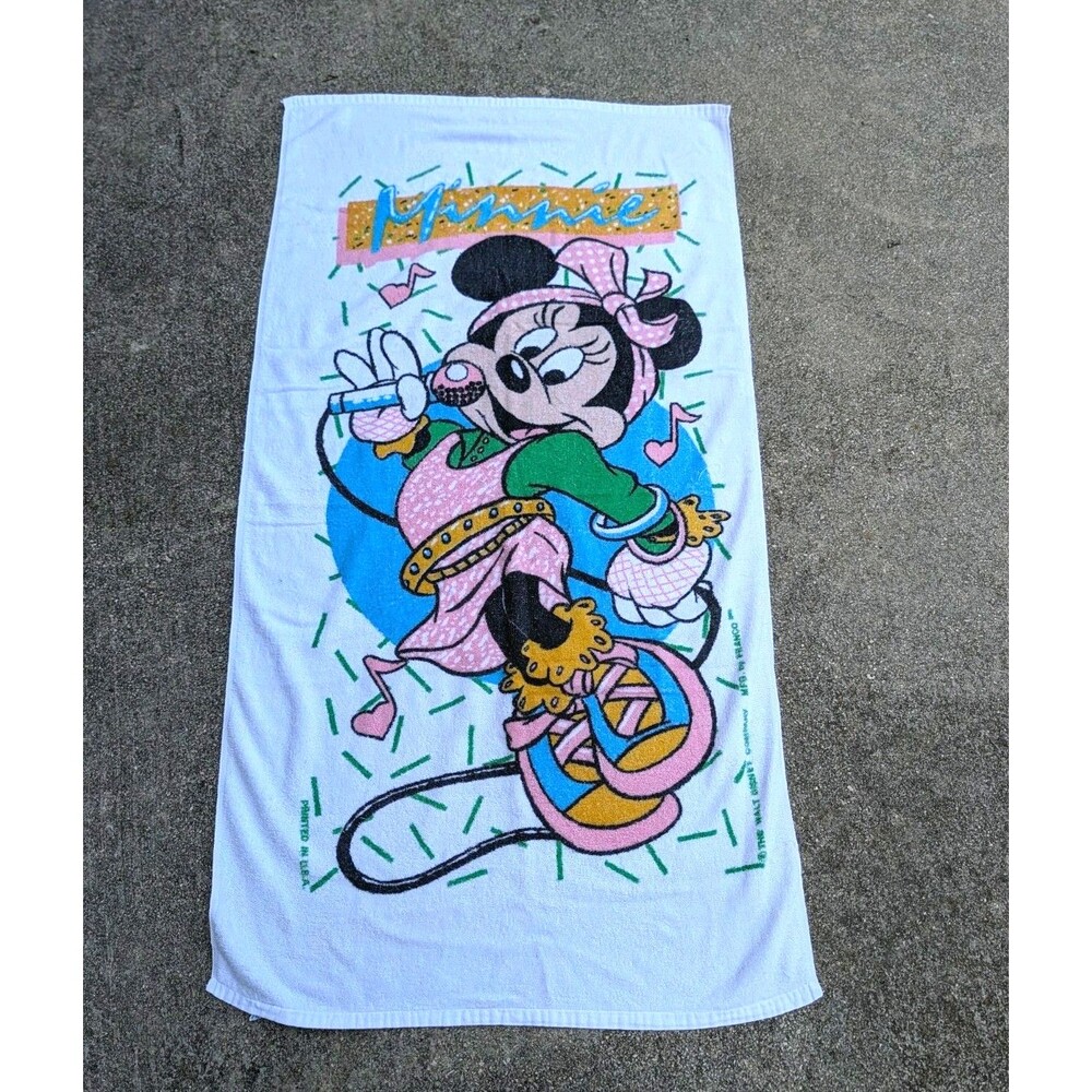 Disney Minnie Mouse 1980s Vintage Beach Towel Franco Tag Mousercise Rare Cotton